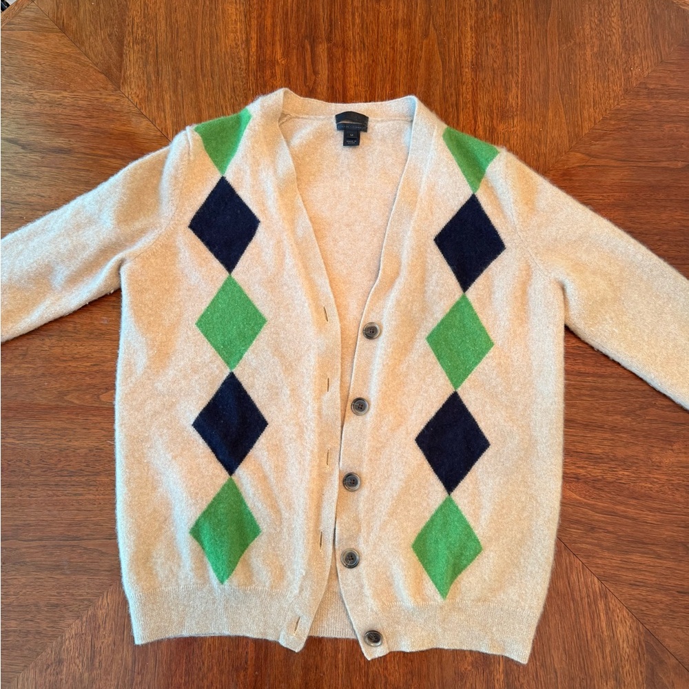 J. Crew Collection Women’s Beige Argyle 100% Italian Cashmere Cardigan Sweater